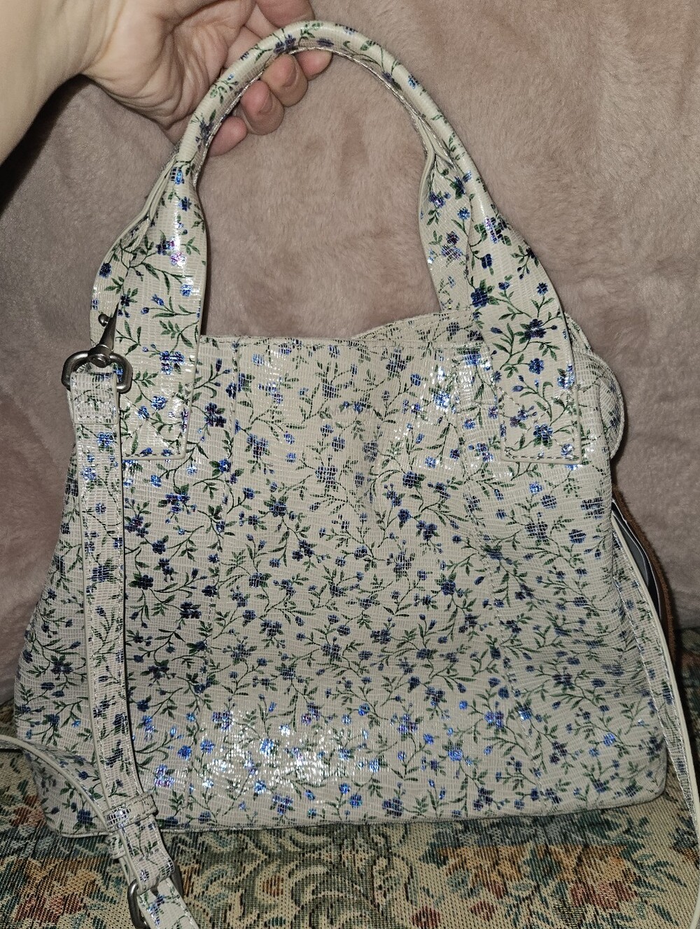 Cream Floral Shoulder Bag with Detachable Strap